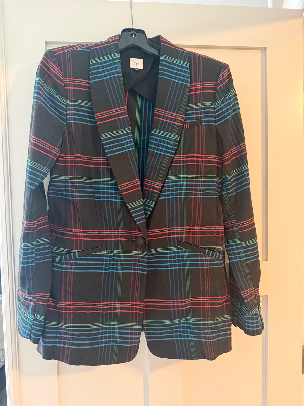 CAbi Black Plaid Blazer with Red, Blue & Green Stripes